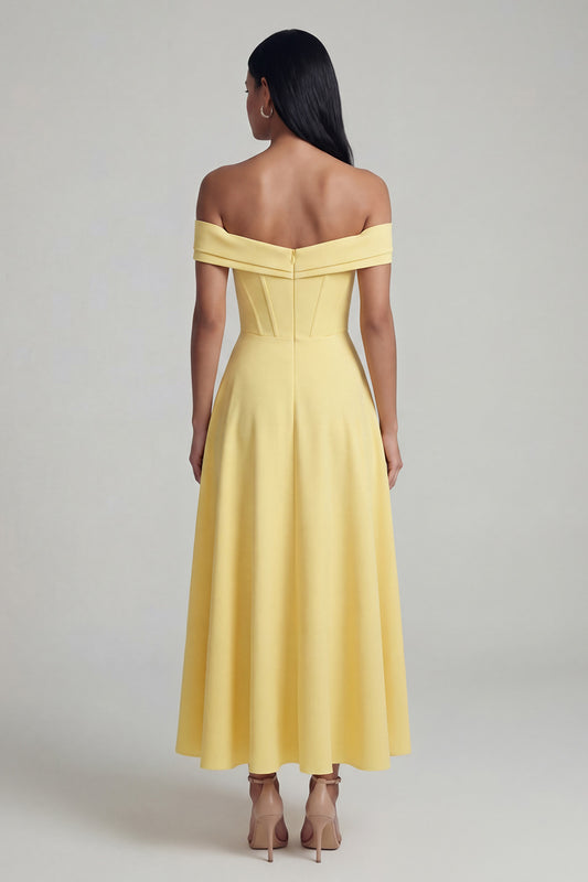 Corset Butter Yellow A Line Maxi Beach Wedding Guest Dress with Slit