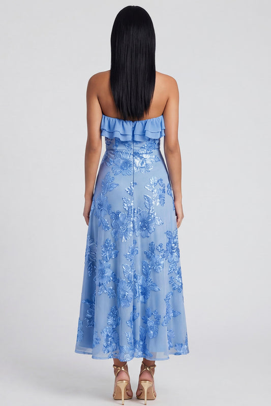 Light Blue Floral A Line Maxi Strapless Beach Wedding Guest Dress with Ruffles
