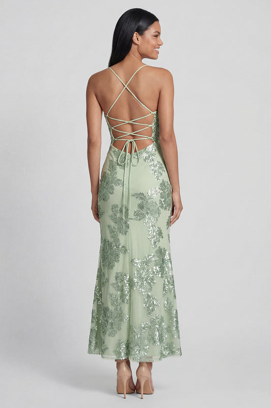 Sage Green Floral Mermaid Maxi Spaghetti Straps Beach Wedding Guest Dress