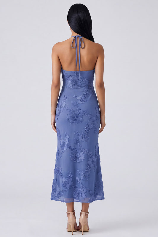 Blue Floral Mermaid Maxi Keyhole Halter Beach Wedding Guest Dress