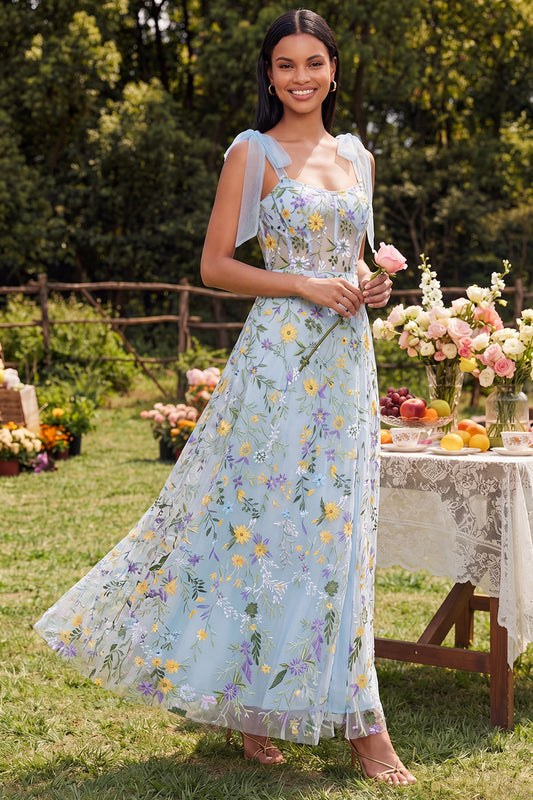 Blue Flower Maxi Corset A Line Beach Wedding Guest Dress with Bows