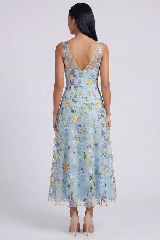 V-Neck Blue Flower Maxi A Line Beach Wedding Guest Dress