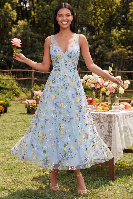 V-Neck Blue Flower Maxi A Line Beach Wedding Guest Dress