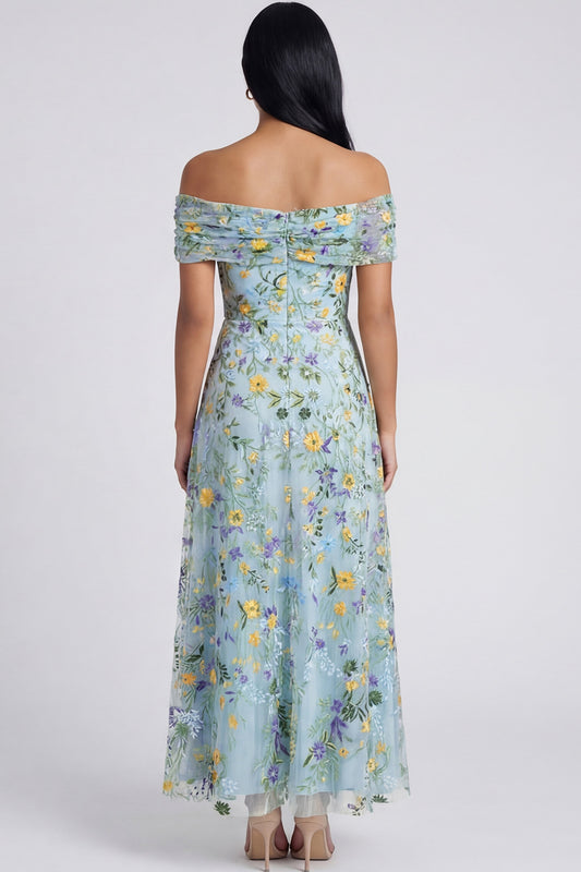 Off the Shoulder Blue Flower Maxi A Line Beach Wedding Guest Dress