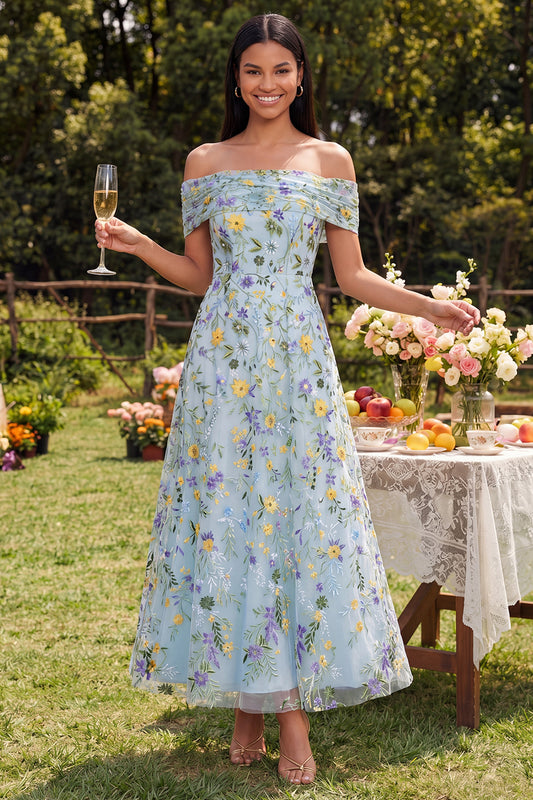 Off the Shoulder Blue Flower Maxi A Line Beach Wedding Guest Dress