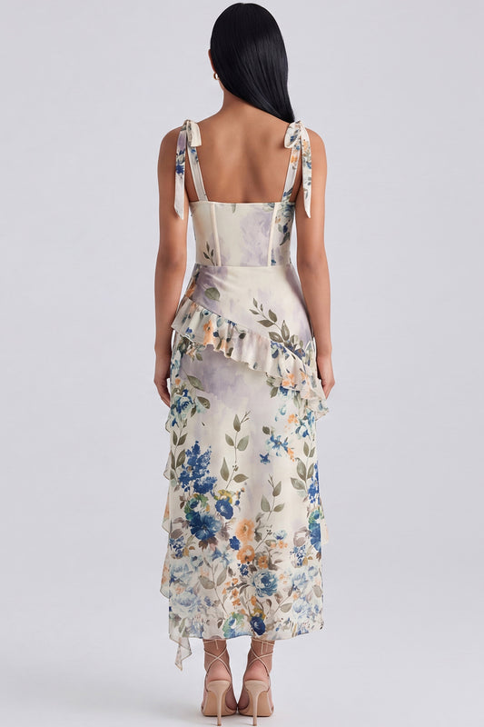 Ivory Floral Maxi Corset Sheath Ruffled Beach Wedding Guest Dress with Bows