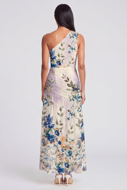 One Shoulder A Line Ruched Ivory Floral Maxi Beach Wedding Guest Dress