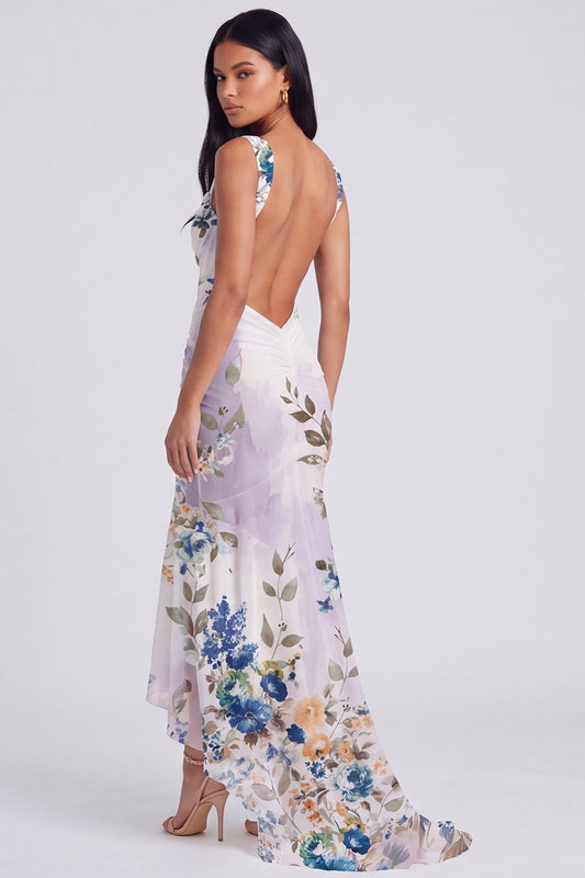 Mermaid Corset Ruched Ivory Floral Maxi Beach Wedding Guest Dress