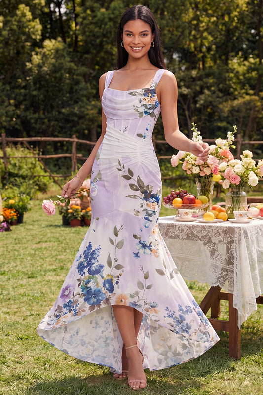 Mermaid Corset Ruched Ivory Floral Maxi Beach Wedding Guest Dress