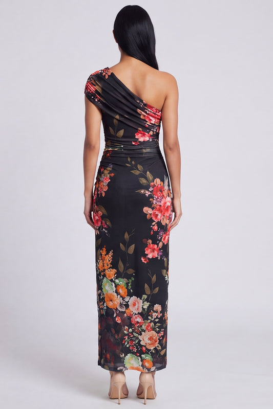 Black Sheath Ruched Black Floral Maxi Beach Wedding Guest Dress with Slit