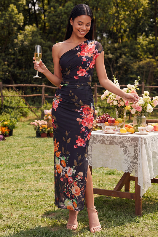 Black Sheath Ruched Black Floral Maxi Beach Wedding Guest Dress with Slit