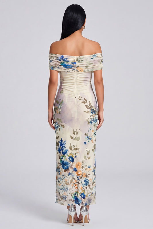 Off the Shoulder Sheath Ruched Ivory Floral Maxi Beach Wedding Guest Dress