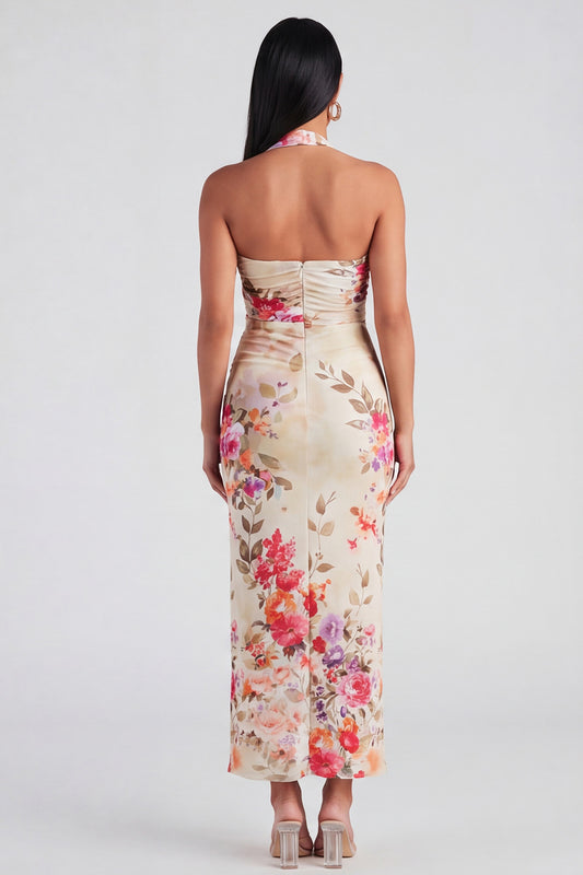 Halter Sheath Ruched Champagne Floral Maxi Beach Wedding Guest Dress