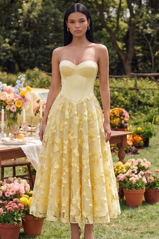 Butter Yellow Basque Waist Corset Maxi Floral A Line Beach Wedding Guest Dress