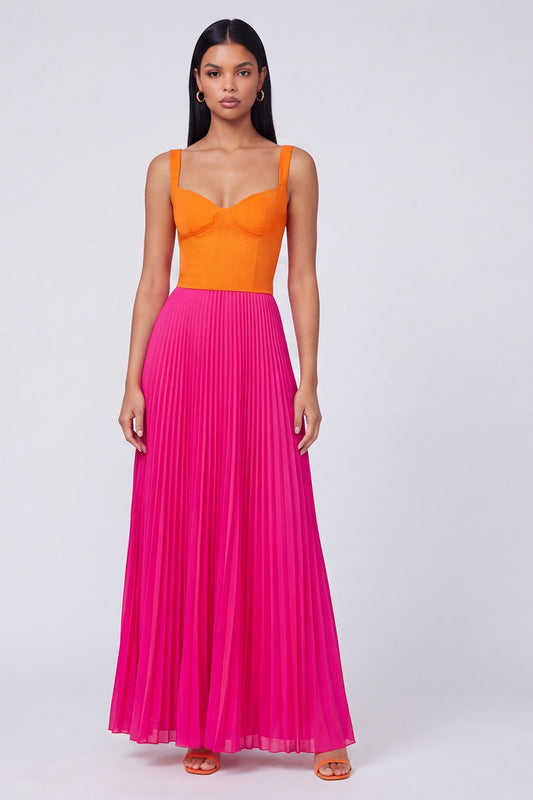 Long Color Block Patchwork A Line Orange and Fuchsia Formal Dress with Pleats