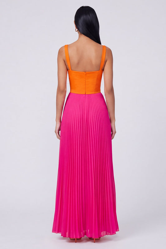 Long Color Block Patchwork A Line Orange and Fuchsia Formal Dress with Pleats