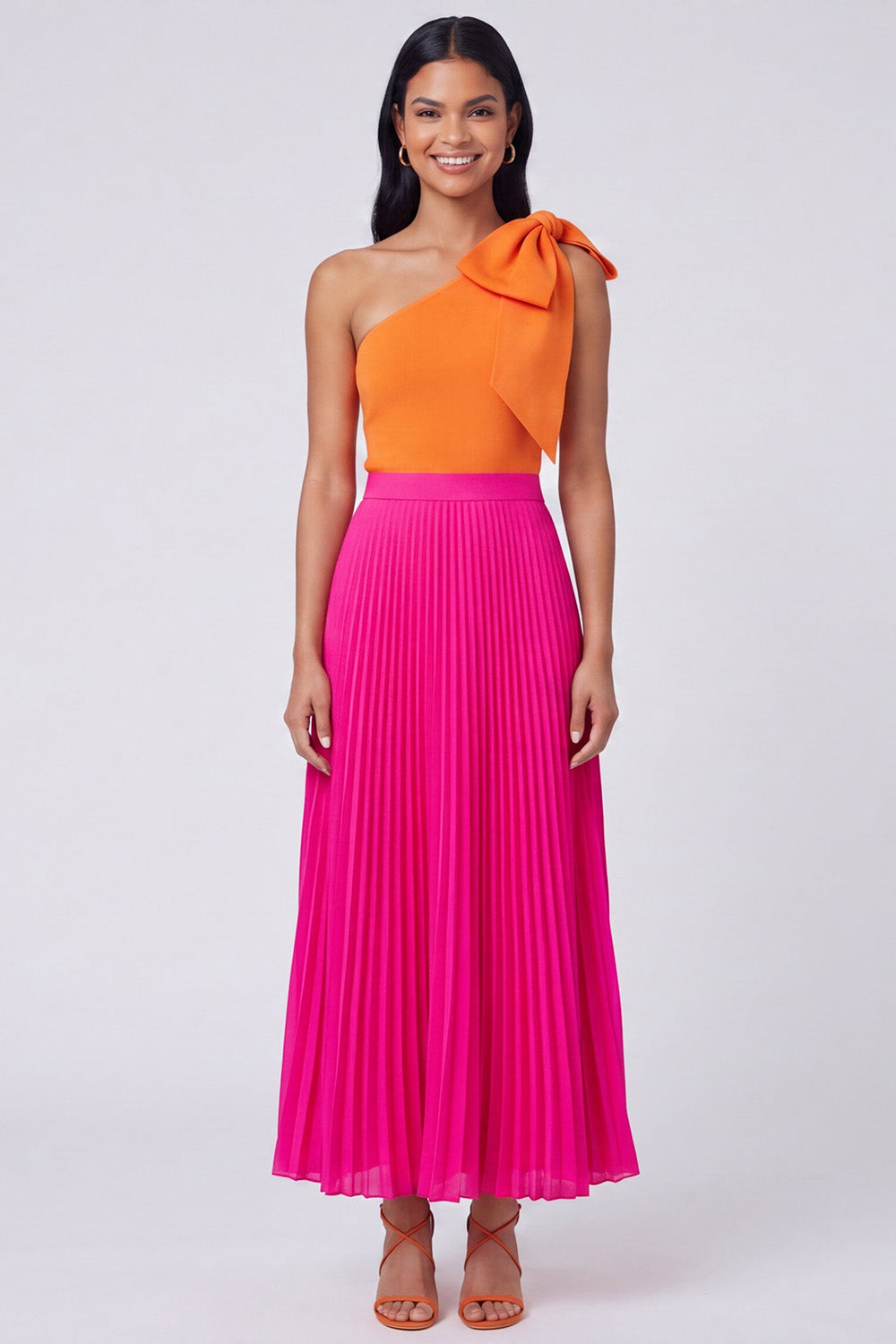 Zapakasa Women Orange and Fuchsia Long Color Block Patchwork Formal Dress  with Bow Pleated One Shoulder A Line Wedding Guest Dress