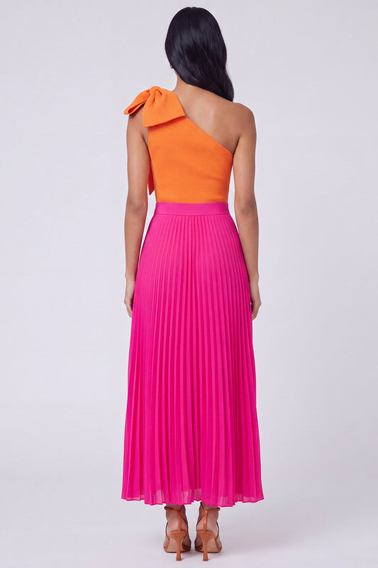 Color Block Patchwork Pleated Orange and Fuchsia Long Formal Dress with Bow