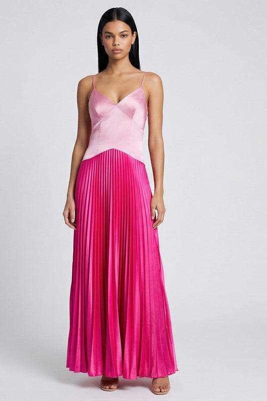 Pink and Fuchsia Long Color Block Patchwork Basque Wasit Formal Dress with Pleats