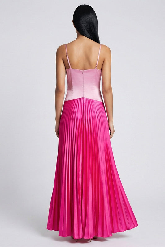 Pink and Fuchsia Long Color Block Patchwork Basque Wasit Formal Dress with Pleats