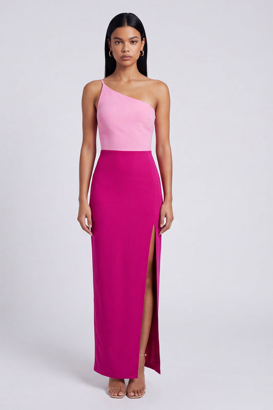 Color Block Patchwork Pink and Fuchsia Long Sheath Formal Dress with Slit