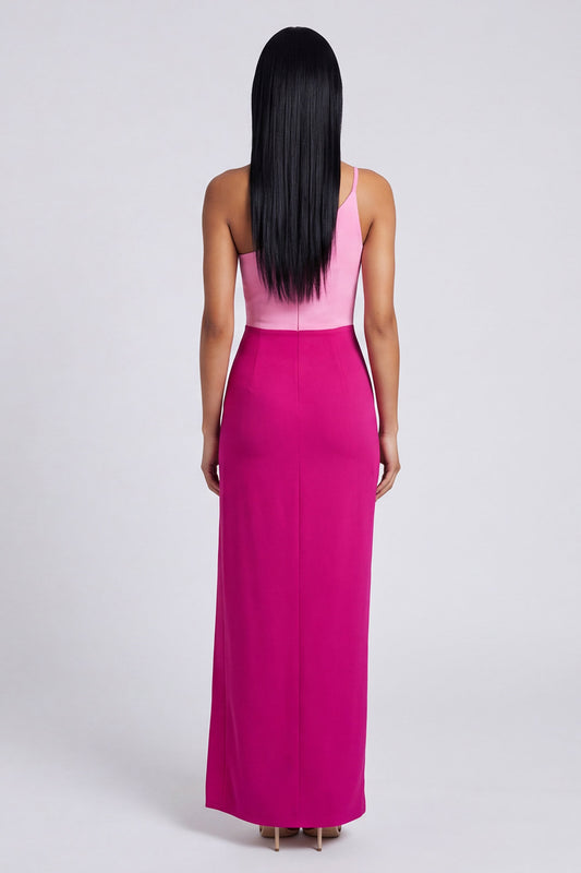 Color Block Patchwork Pink and Fuchsia Long Sheath Formal Dress with Slit