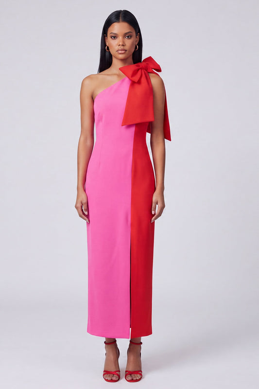 Fuchsia and Red Color Block Patchwork Long Sheath Formal Dress with Bow
