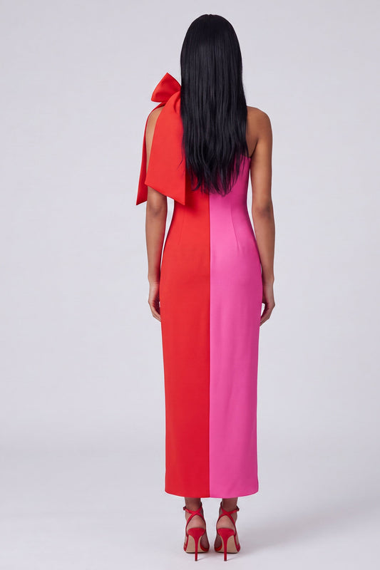 Fuchsia and Red Color Block Patchwork Long Sheath Formal Dress with Bow