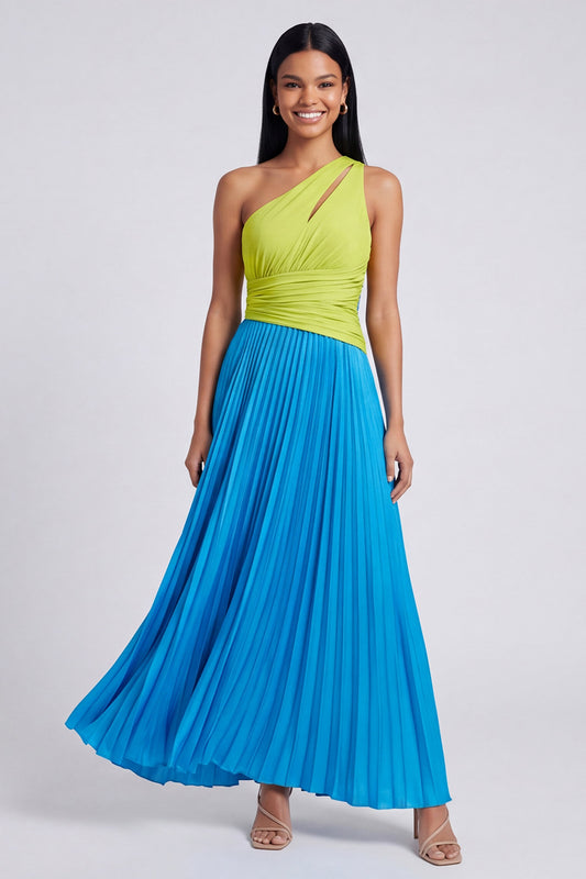Green and Blue Long Color Block Patchwork Keyhole Formal Dress with Pleats