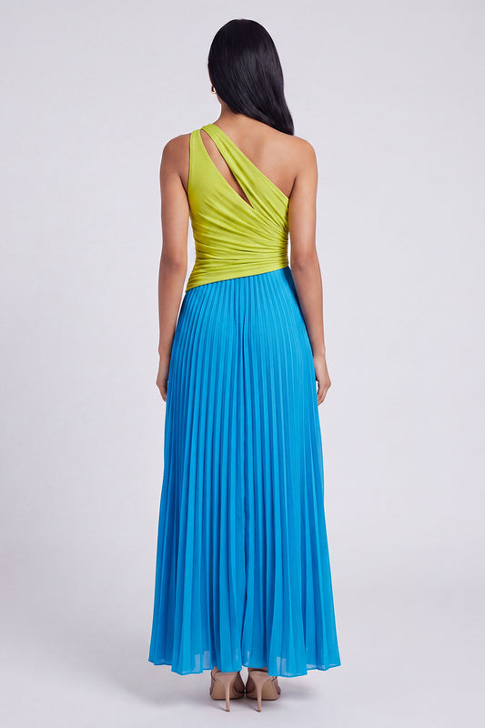 Green and Blue Long Color Block Patchwork Keyhole Formal Dress with Pleats