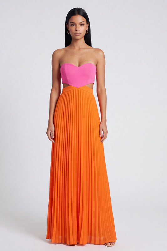 Empire Waist Pink and Orange Color Block Patchwork Long Pletaed Formal Dress