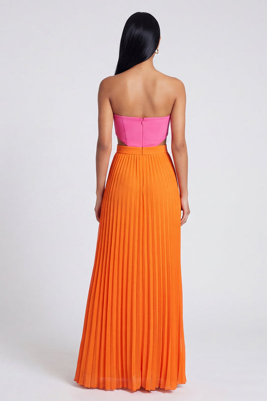 Empire Waist Pink and Orange Color Block Patchwork Long Pletaed Formal Dress