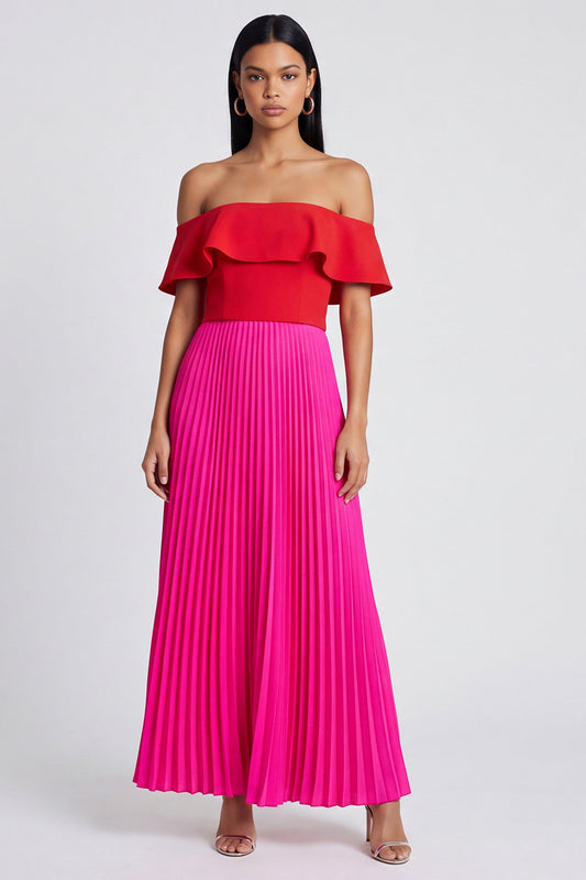 A Line Long Color Block Patchwork Fuchsia and Red Formal Dress with Pleats