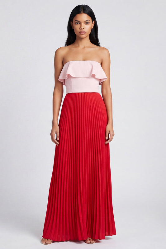 Pink and Red Long Color Block Patchwork A Line Formal Dress with Pleats