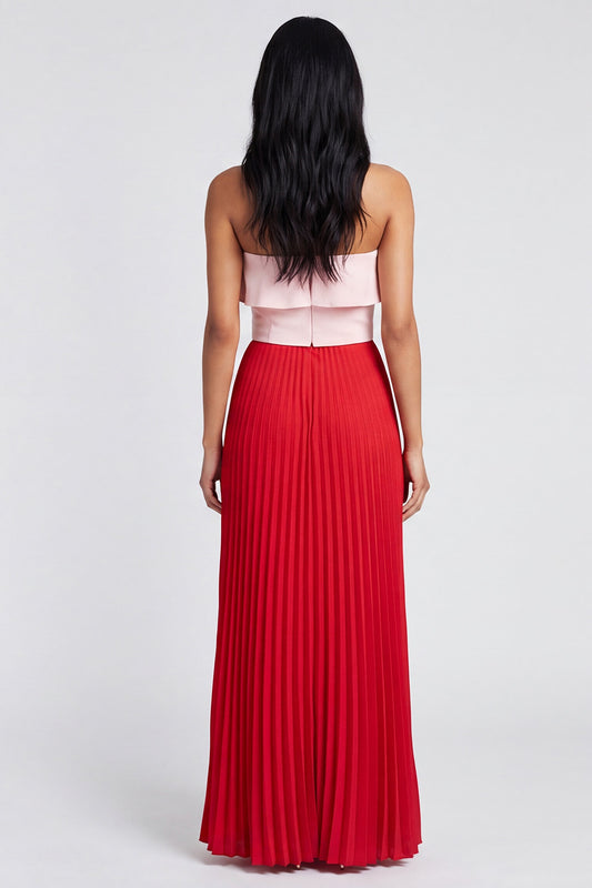 Pink and Red Long Color Block Patchwork A Line Formal Dress with Pleats