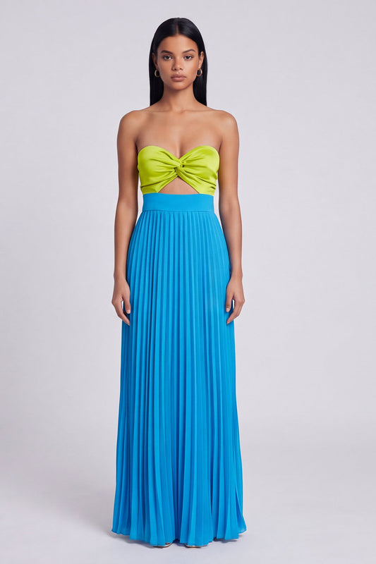 Green and Blue Empire Waist Long Color Block Patchwork Formal Dress