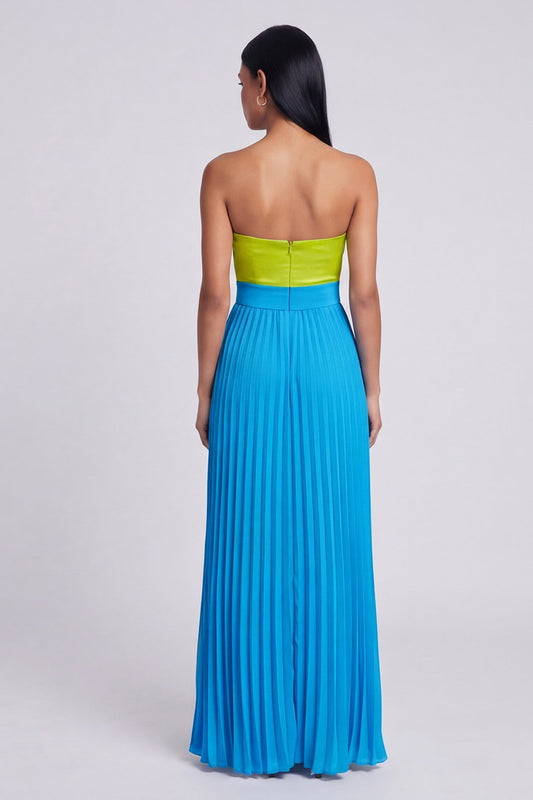 Green and Blue Empire Waist Long Color Block Patchwork Formal Dress