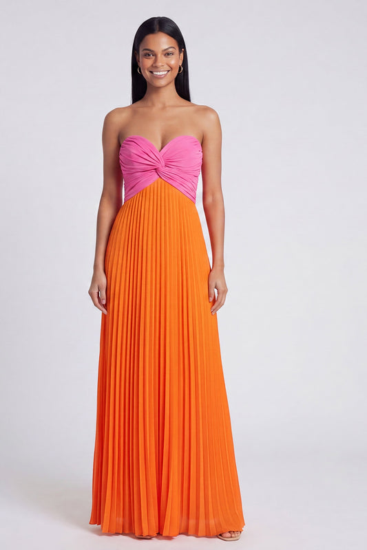 Pink and Orange Empire Waist Long Color Block Patchwork Formal Dress