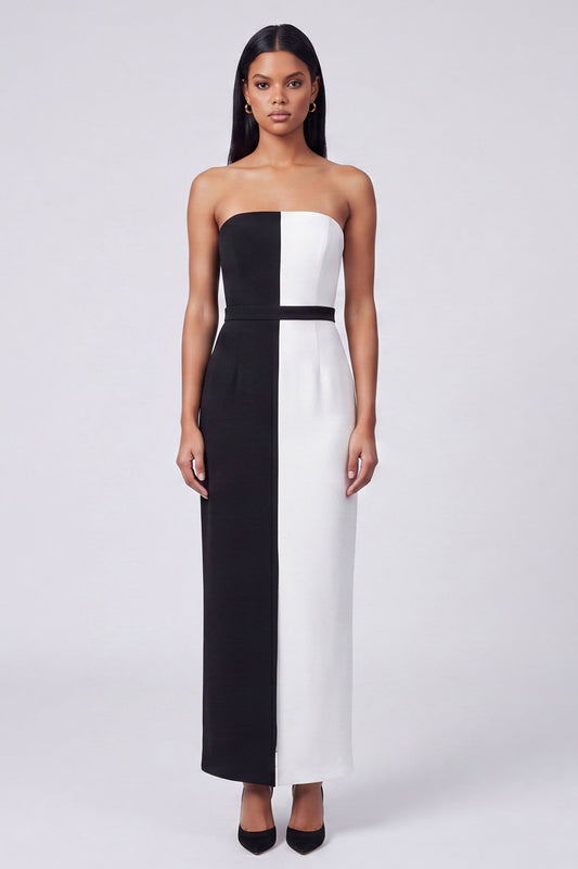 Strapless Sheath Black and White Color Block Patchwork Long Formal Dress
