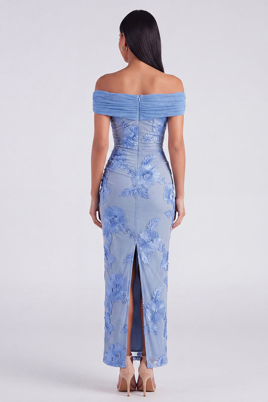 Off the Shoulder Blue Floral Maxi Mermaid Beach Wedding Guest Dress with Back Slit