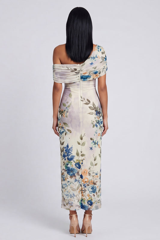 One Shoulder Sheath Ruched Ivory Floral Maxi Beach Wedding Guest Dress