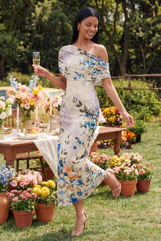 One Shoulder Sheath Ruched Ivory Floral Maxi Beach Wedding Guest Dress