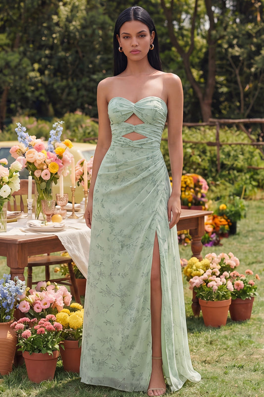Strapless Dusty Sage Maxi A Line Keyhole Beach Wedding Guest Dress with Slit