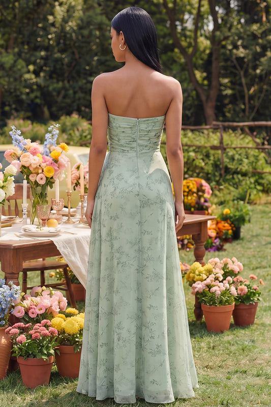 Strapless Dusty Sage Maxi A Line Keyhole Beach Wedding Guest Dress with Slit