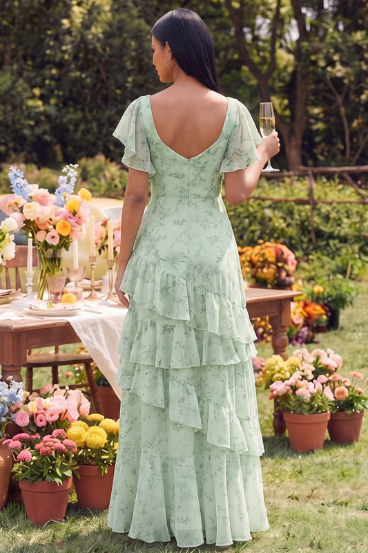 Square Neck Dusty Sage Maxi A Line Beach Wedding Guest Dress with Ruffles