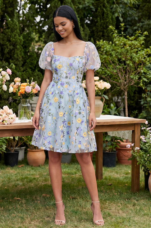 Short Square Neck Blue Flower A Line Wedding Guest Dress