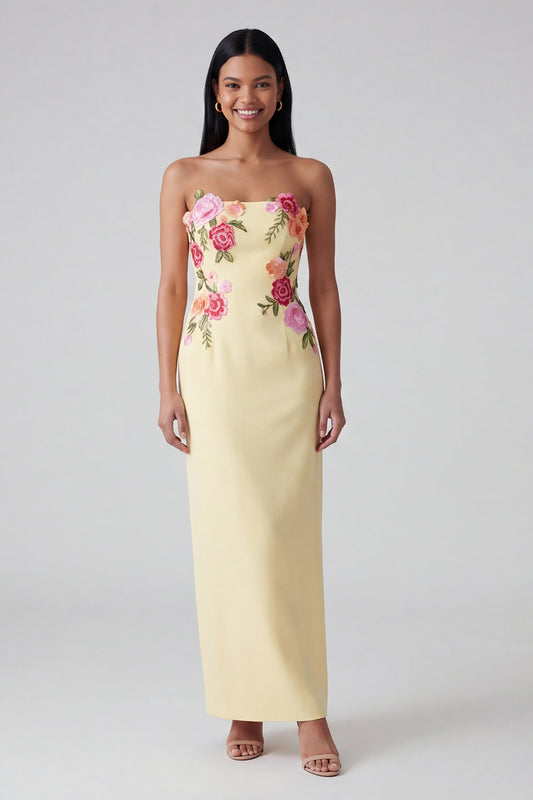 Strapless Light Yellow Floral Maxi Sheath Wedding Guest Dress