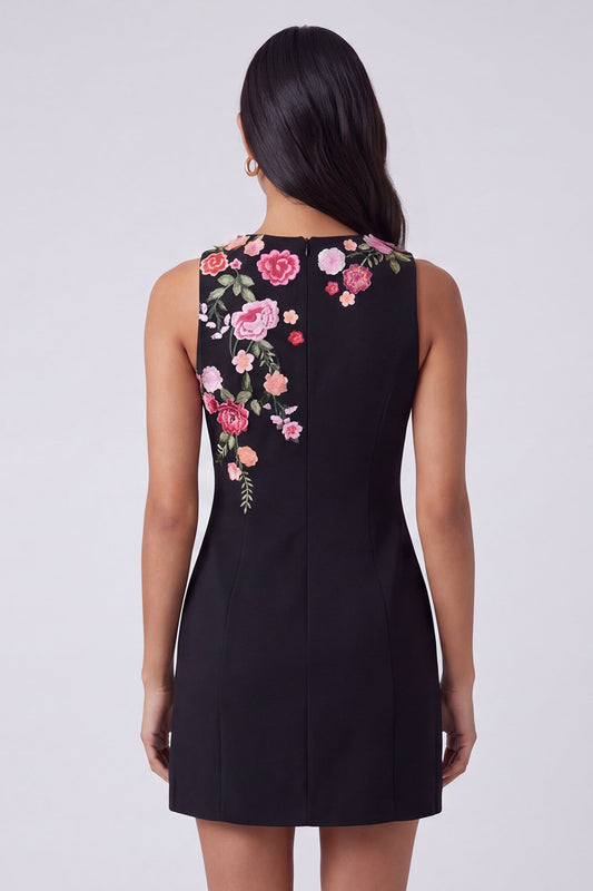 Black Round Neck Floral Short Wedding Guest Dress