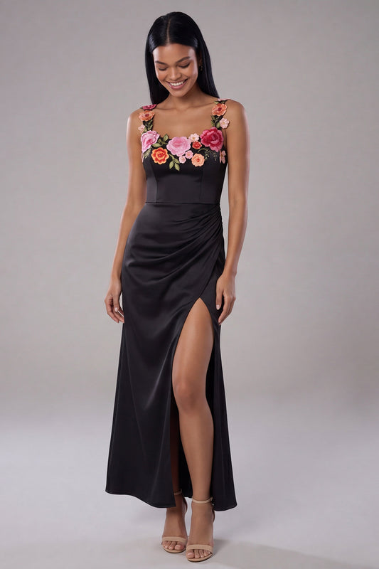 Mermaid Black Ruched Scoop Floral Maxi Beach Wedding Guest Dress with Slit