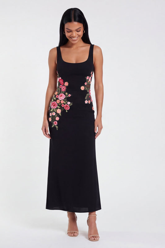 Thick Straps Mermaid Black Floral Maxi Beach Wedding Guest Dress